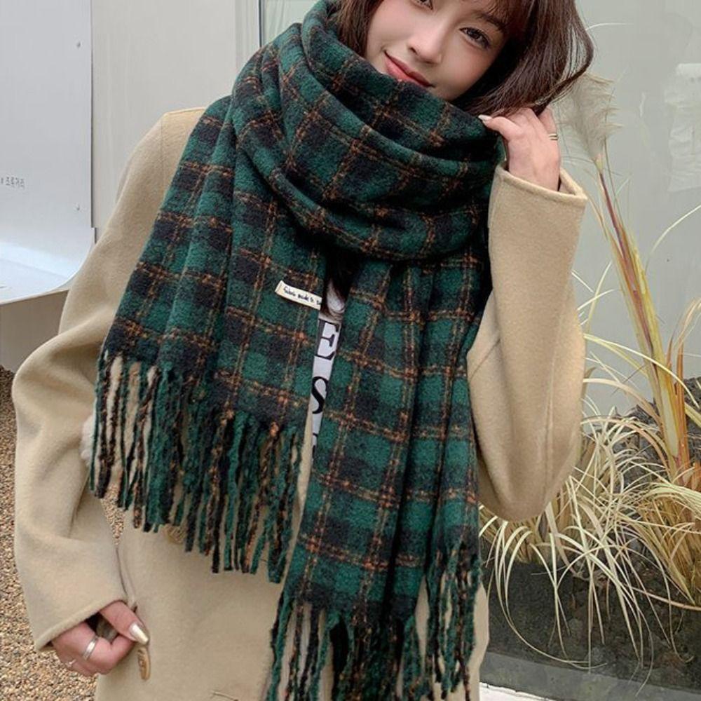 Tassel Winter Cashmere Scarves Plush Long Shawl Retro Plaid Wool Scarf  Autumn