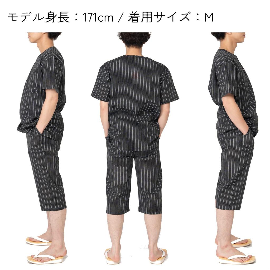Morioru Shijira Weave Jinbei pro velikost Černé pruhy Délka Léto Pánské, 4L, [Henley tričko, 3/4 kalhoty, 100% bavlna, Pánské domácí oblečení, Dárek]
