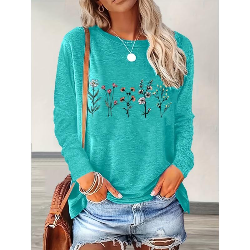 Women's casual floral print round neck long sleeve casual loose top T-shirt