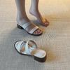 Retro elegant style one-word cool slippers summer new mid-heel wear sandals open-toed thick-heeled slippers beach shoes