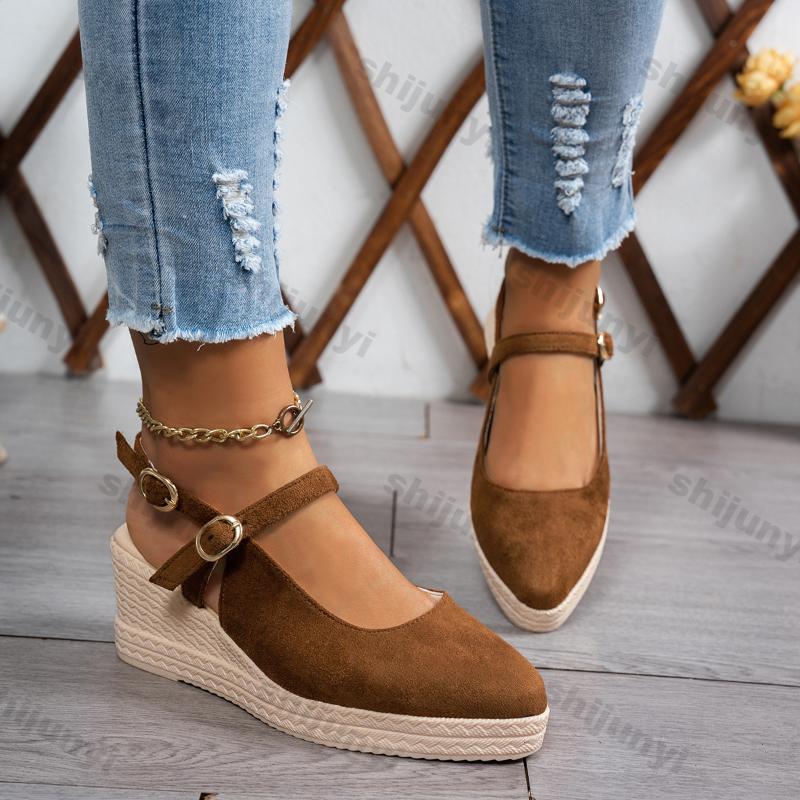 Women's Woven Wedge Thick Heel Sandals Female Platform Sandals Spring New Suede High Heel Pointed Strap Fashion Thick Sole Shoes