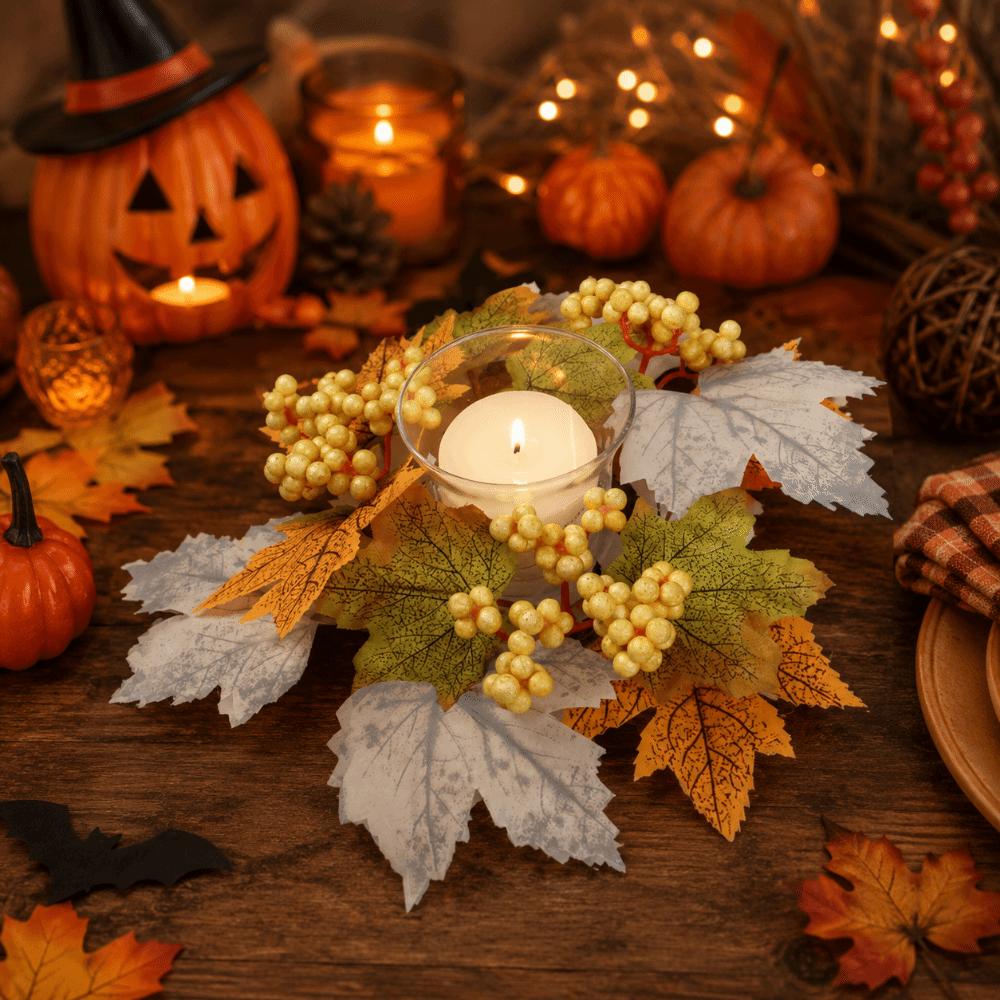 Artificial Candle Ring Wreath Handmade Maple Pumpkin Wreath Autumn Floral Garland Table Decor