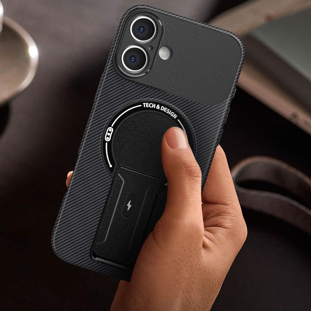 For iPhone 17 Case with Kickstand Carbon Fiber Texture PC+TPU Phone Cover