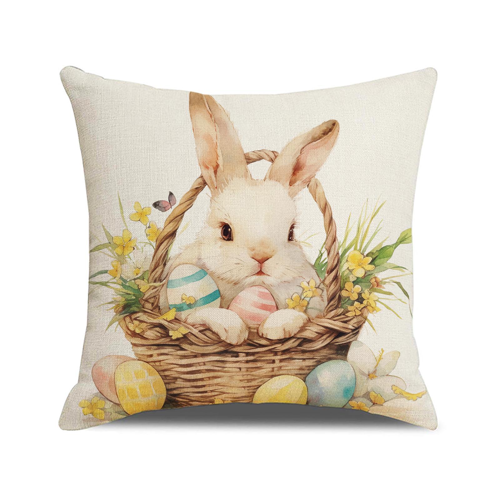 

Easter Pillow Case Happy Egg Bunny Cushion Linen Print Holiday Decoration Sofa Cushion 45 * 45Cm (excluding pillow core)