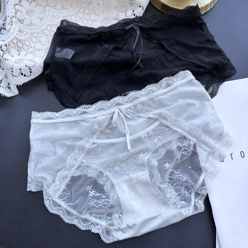 Women's Spring Summer Satin Light Luxury Ice Silk Lace Sexy Mid Waist Panties