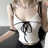 V Neck Contrast Wavy Trim Front Bow Spaghetti Strap Camisole Slim Crop Tank Top White Gray Black Women Sweet Sleeveless Summer Crop Vest