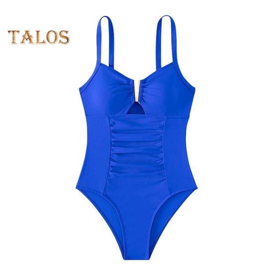 Einteiliger Badeanzug für Damen, Sommer, tiefer V-Ausschnitt, plissiert, einfarbig, Monokini, schnell trocknende Badebekleidung, Strandmode