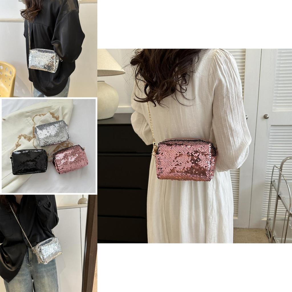 Chic Glitter Small Square Bag With Chain Strap For Summer 2023 In Black Silver Pink