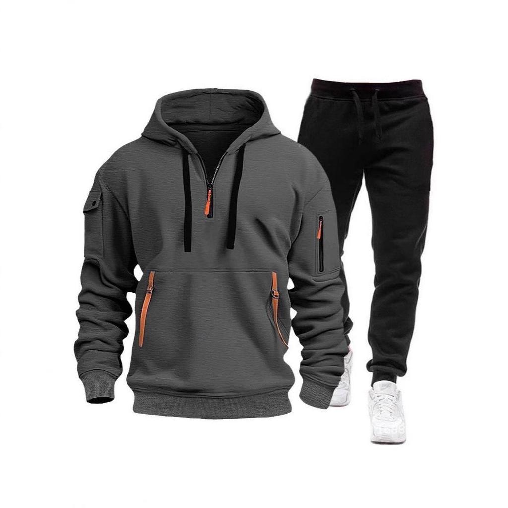 Men's Multi-Pocket Hoodie and Sweatpants Set - Solid Color, Spring/Autumn Sportswear