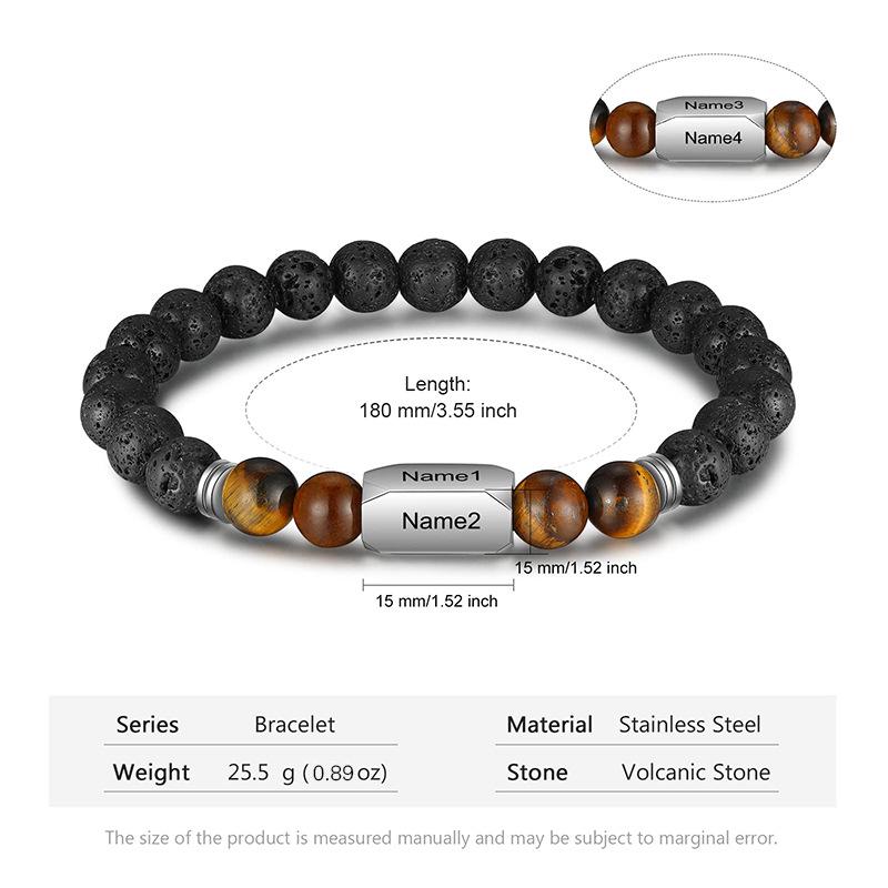 Engraved Stainless Steel & Tiger Eye Volcanic Stone Custom Name Bracelet, 8mm