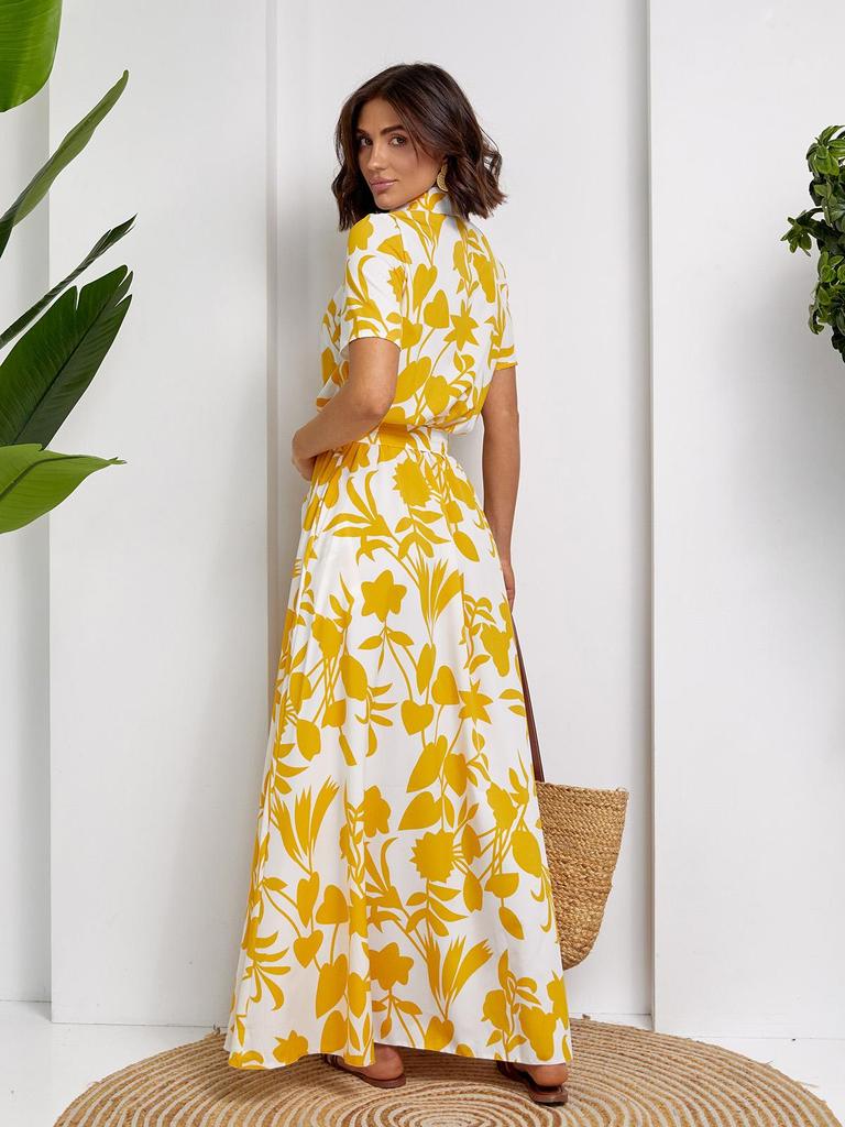 Бело-горчичное длинное платье-рубашка ISSA PLUS