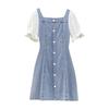 2026 French Style Puff Sleeve Denim Summer Dress for Women