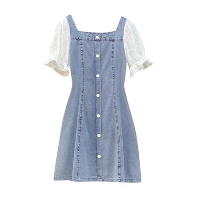 2026 French Style Puff Sleeve Denim Summer Dress for Women