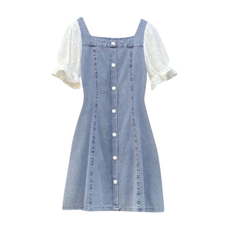 2026 French Style Puff Sleeve Denim Summer Dress for Women M синий
