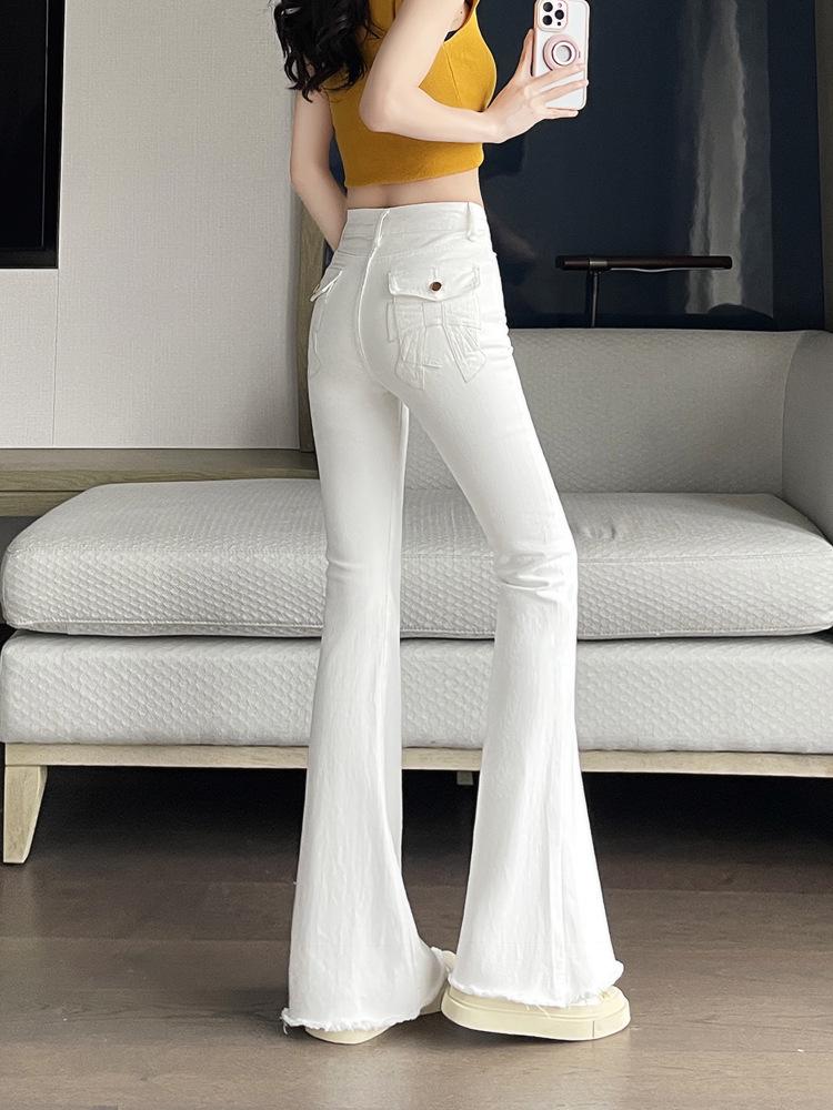 High-Waisted White Flare Jeans with Bow - Women s Spring/Summer 2025 Slimming & Butt-Lifting Raw Hem Pants M
