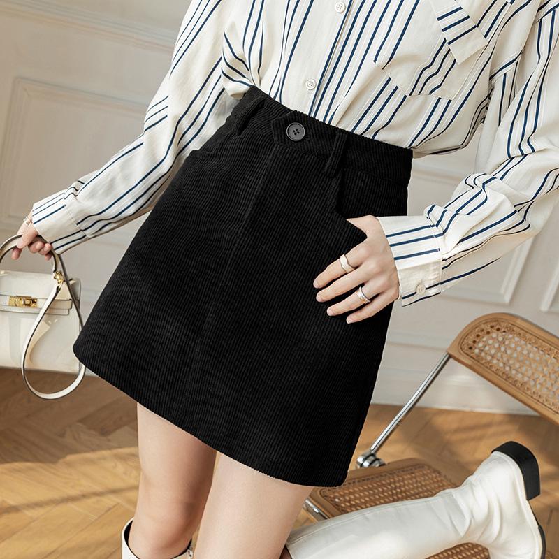 Plus Size Women's Coffee Corduroy A-line Skirt - Autumn/Winter Hip-Hugging Retro Brown Short Skirt
