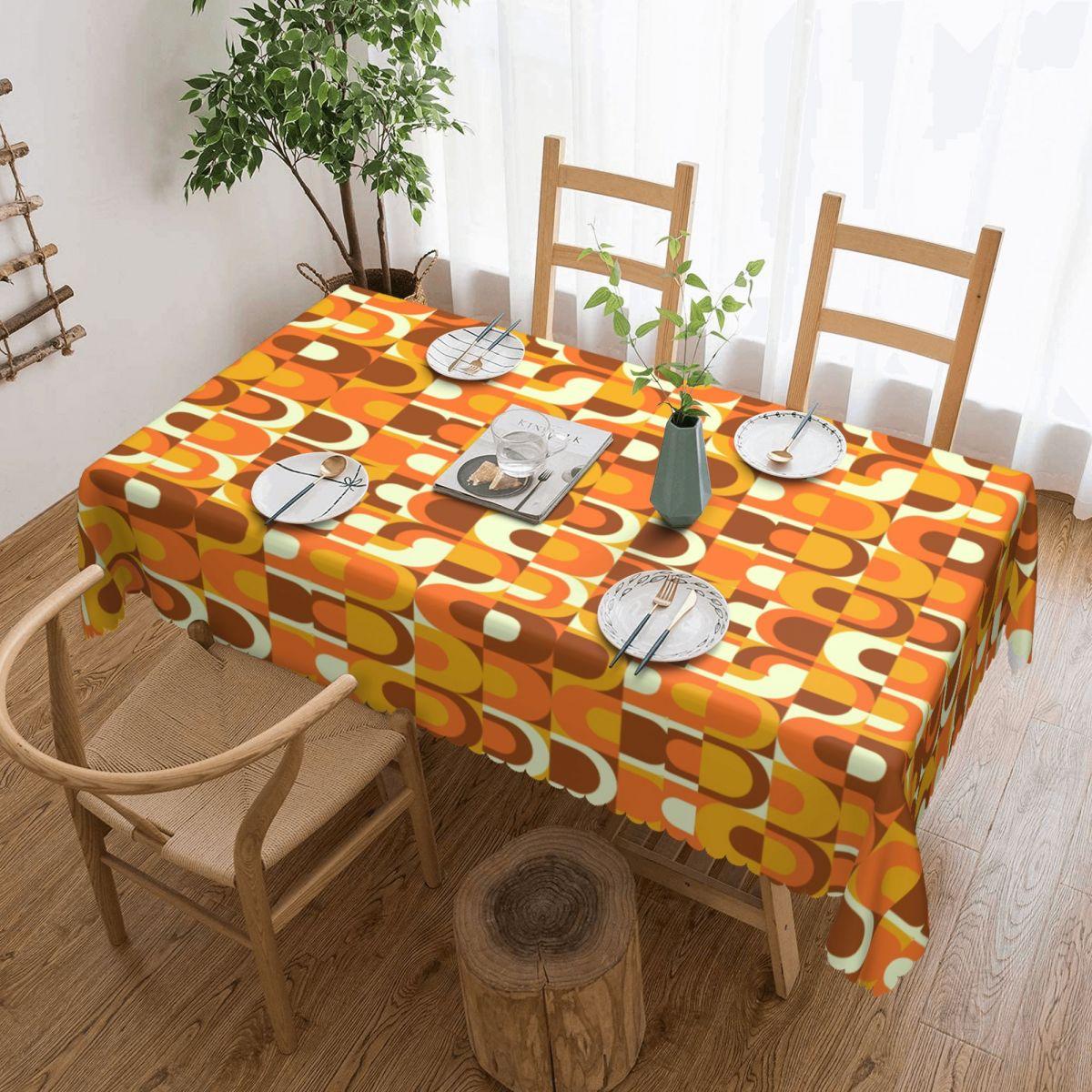 Rechthoekig 70s Patroon Retro Industrieel In Oranje En Bruine Tinten Tafelkleed Waterdicht Tafelkleed Buiten 45 -50  Tafelhoes 137x183cm orange