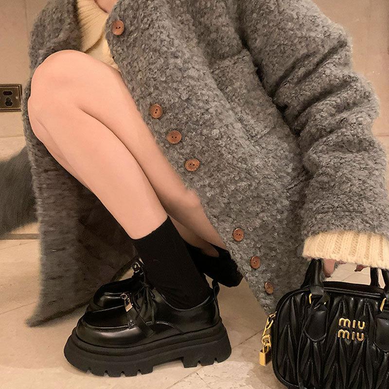 Small leather shoes women's spring and autumn new thick heel platform loafers British style black single shoes Mary Jane shoes