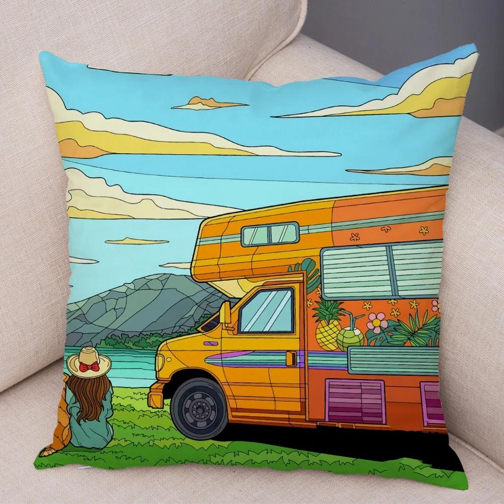 Both Sides Pillow Case Decor Happy Camper Cartoon House Travel Car Cushion Cover for Sofa Home Super Soft Plush Pillowcase