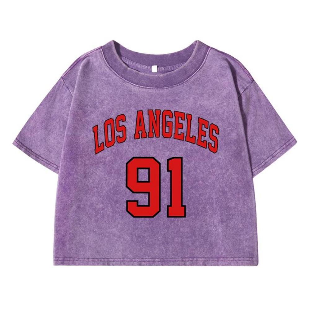 Los Angeles 91Print Female Washed Short T-Shirt Fashion Midriff-Baring Tshirt Street Tops Summer Loose Clothes