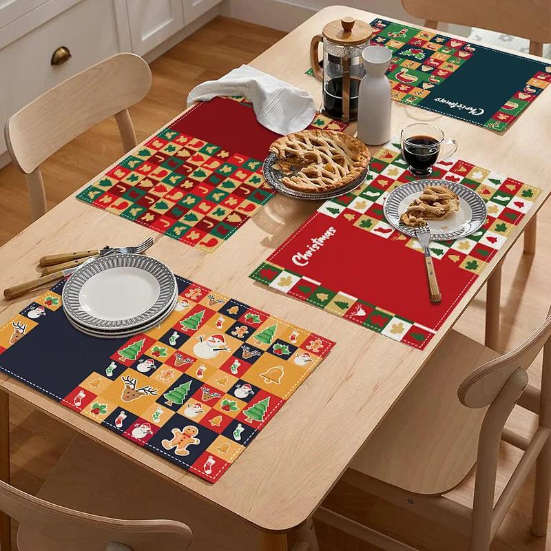 Christmas Plaid Placemat Linen Christmas Tree Snowman Print Table Mat Party Decoration Insulation Mat 30 X 45cm Coaster Placemat