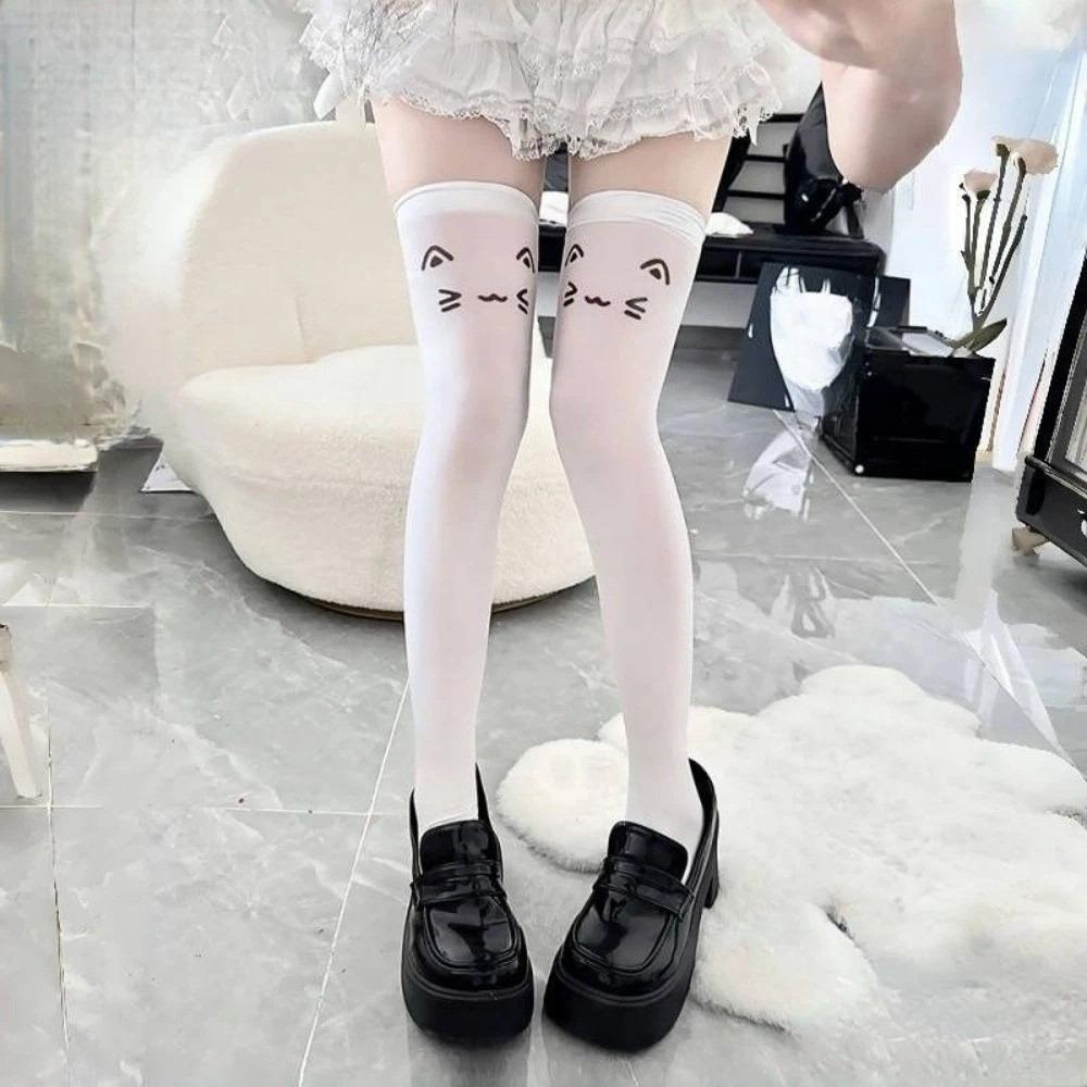 Elastic Printed Design Kawaii Stockings Cute Expression Cat Ear Knee High Socks JK Lolita Women Long Socks Daily
