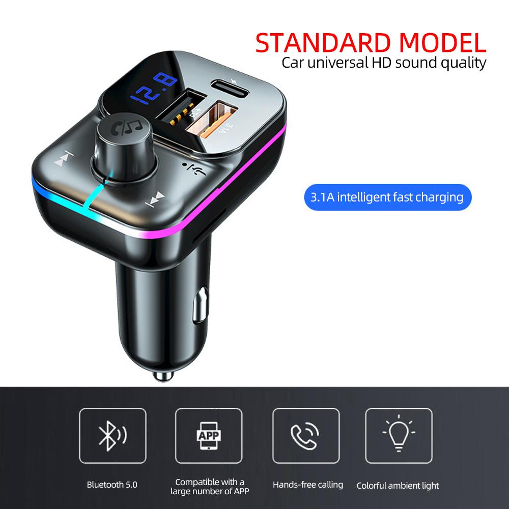 Car FM Transmitter Bluetooth 3.1A Type C Dual USB Car Charger Handsfree Car Kit Plug and Play Support TF Card U-Disk MP3 Player