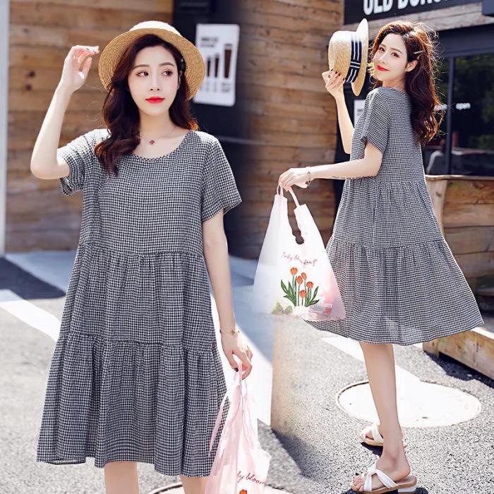 Plaid A-Line Maternity Midi Dress - Women's Summer Loose Fit, Large Size