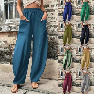 2024 Independent Station Amazon Cross-border Women's Clothing Solid Color Pocket Women's Casual Pants Loose Trousers