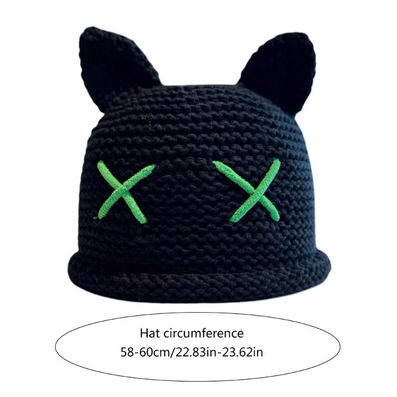 Popular Bobble Hat Knit Beanie Hat with Cat Ear Women Winter Warm Hat Sweet Girls Bucket Hat Soft Breathable Skull Cap