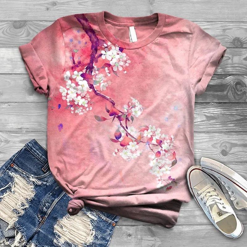 Plus Size Xl-7xl Summer Trend Pear Blossom Print Round Neck Short Sleeved Printed T-shirt