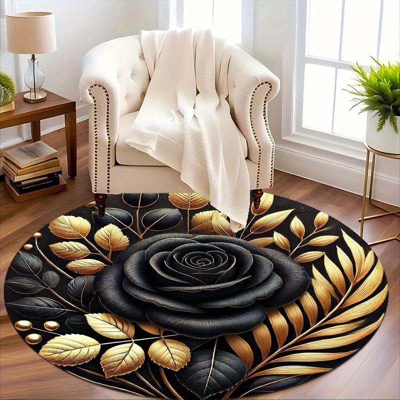 Elegant Black and Gold Rose Round Rug,Luxury Non-Slip Mat for Living Room,Lightweight Washable Polyester,Ideal Housewarming Gift