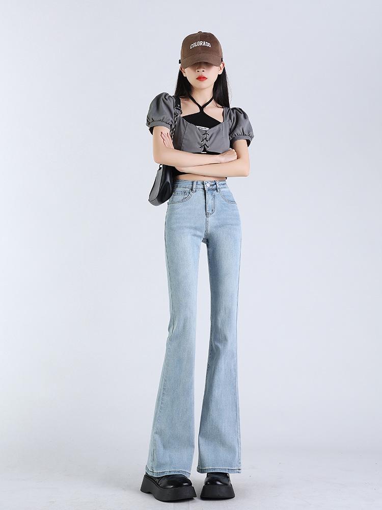 Women's High-Waisted Light Blue Micro-Flared Jeans - 2024 Spring/Autumn Versatile Long Pants.