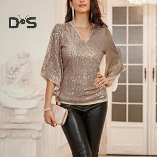 Women Top Shiny Sequin Hollow Out Three Quarter Horn Sleeve Solid Color V Neck Loose Pullover Soft Breathable Lady Commute Prom Blouse