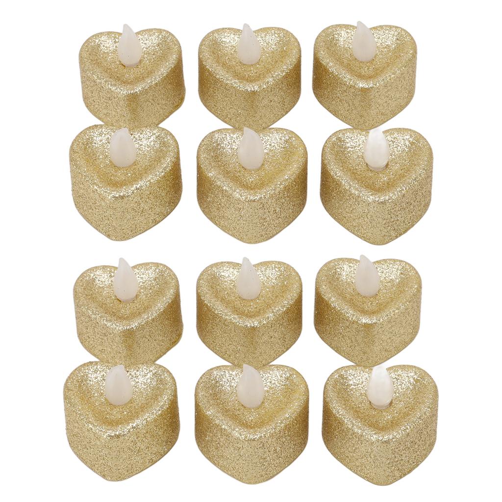 12 PCS LED Candle Lamp Gold Powder Heart Shape Tea Lights Secret Room Props for Christmas Wedding Party