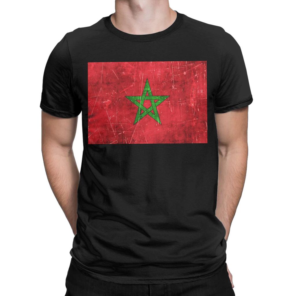 Morocco Vintage Aged and Scratched Moroccan Flag T Shirt for Men Cotton TShirt Round Collar Tee Shirt Short Sleeve Tops Summer