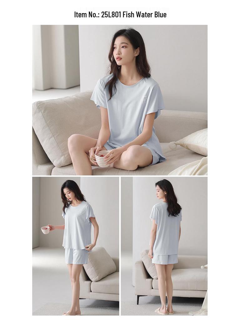 Lyocell Women's Summer Short Sleeve Pajama Set with Chest Pads - Casual Plus Size Home Wear