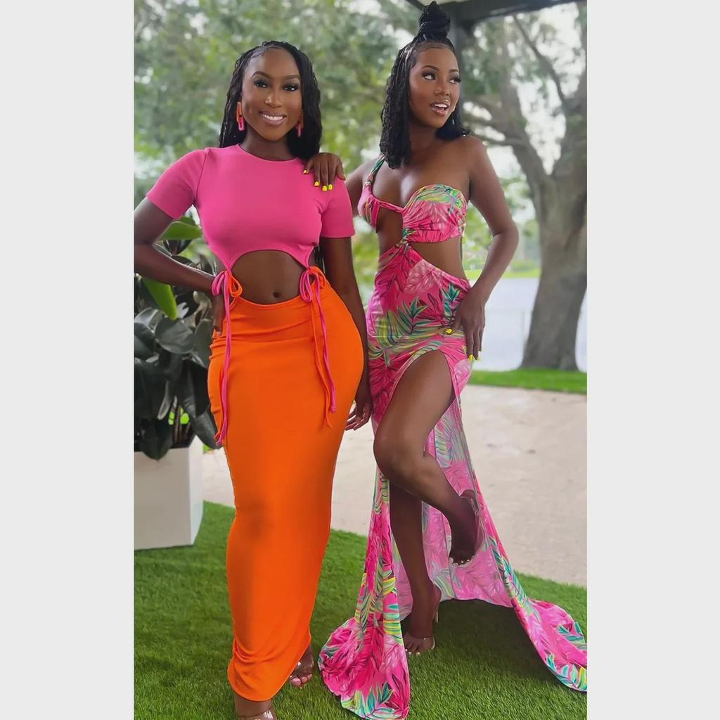 European & American Women's Printed Sexy Slit Sling Long Dress