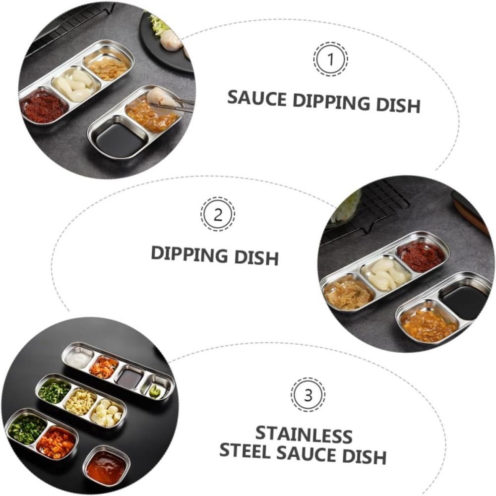 Stainless Steel Divided Dip Bowls Sauce Plate Seasoning Dipping Condiment Tray for BBQ Vinegar Spice Ketchup Salt Sugar Flavor