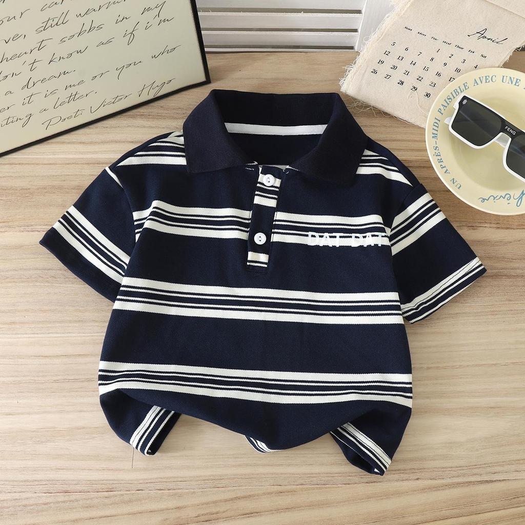 2025 Kids' Striped POLO Shirt - Unisex Summer Lapel Short Sleeve Color Block Top, Korean Style
