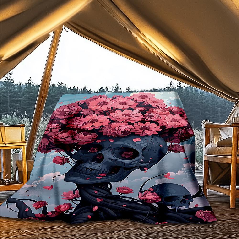 1pc Floral Skull Artwork Print Outdoor Blanket, Lightweight Polyester,