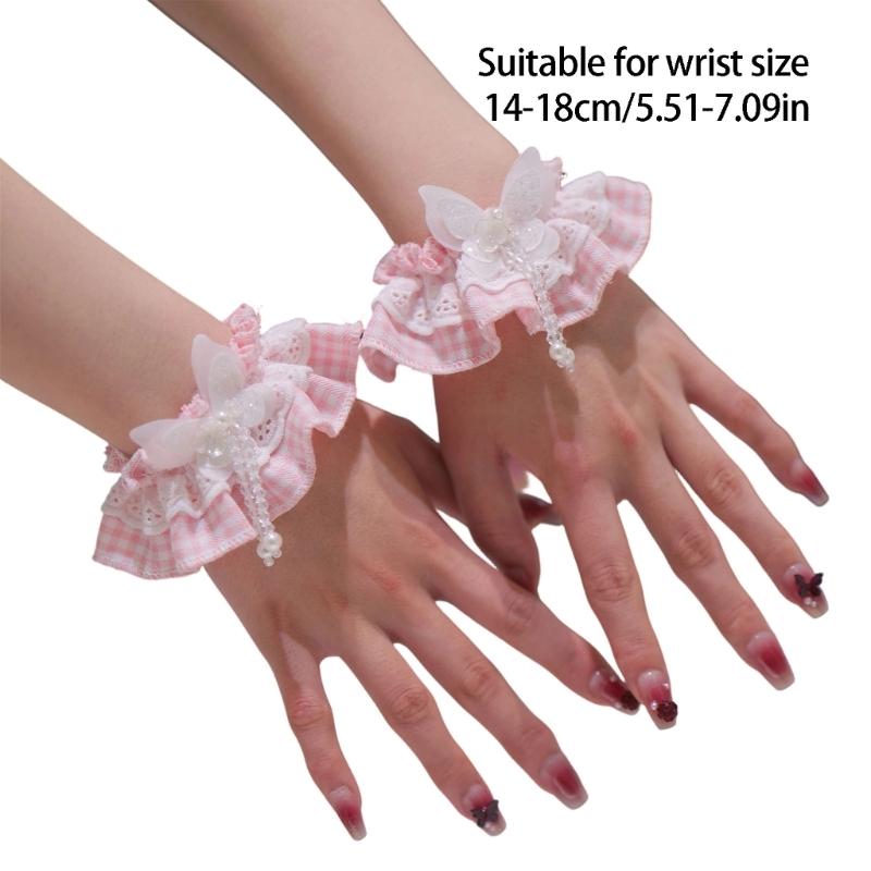 Spitzen Rüschen Dekorative Ärmel Handgelenkabdeckungen Mit Karomuster Schleifen Dekorationen Für JK Uniform Und Cosplay Kostüm Zubehör