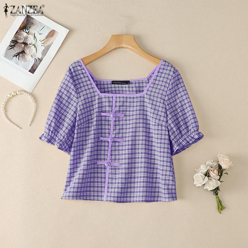 ZANZEA Women Square Collar Casual Short Sleeve Grid Print Blouse