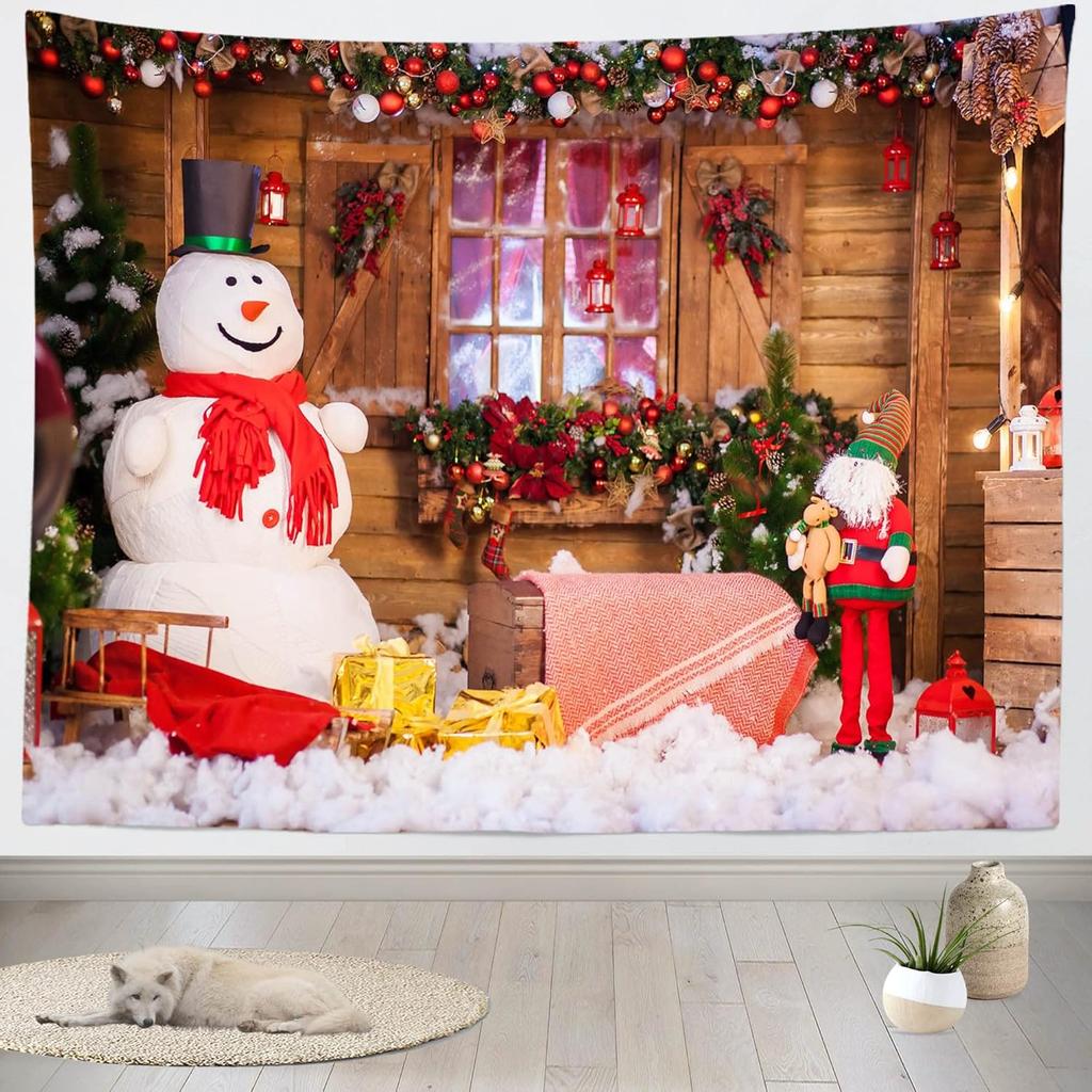 Christmas Tapestry Wall Hanging Christmas House Yard Snowman Sleigh Winter Snow Scene Xmas Gifts Art Wall Decor Christmas