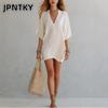 JPNTKY Moda Estiva Primaverile Colore Unico Stampa Manica Corta Scollo a V Abiti Casual