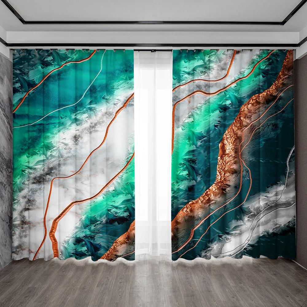 2PC Home Decoration Curtains With Green Marble Background And Pole Pocket Curtains, Kitchen, Coffee Shop, Living Room, Balcony