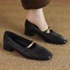 Women's Fashionable and High-quality Woven Leather Metal Decoration Square Comfortable Low Heel Versatile Single Shoes