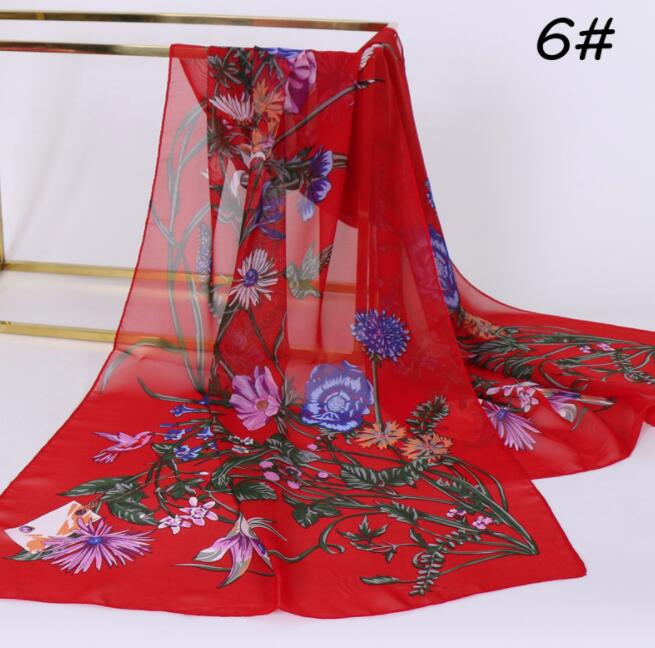 Chiffon Floral Elegant Scarves Silk Scarf Fashion Women Flower Printed Long Soft Wrap Scarf Simulation Silk Shawl Beach Scarf