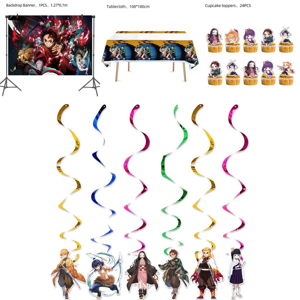 Décorations de fête d'anniversaire impressionnantes Demon Slayer pour enfants avec bannières, ballons et autocollants