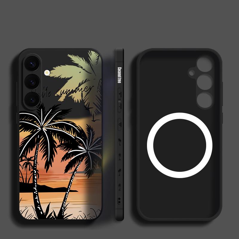 Seaside Coconut Print Case For Samsung Galaxy S26 Ultra S25 FE S24 S23 S22 Plus S21 FE Built-in Metal Plate Magnetic Silicone Cover